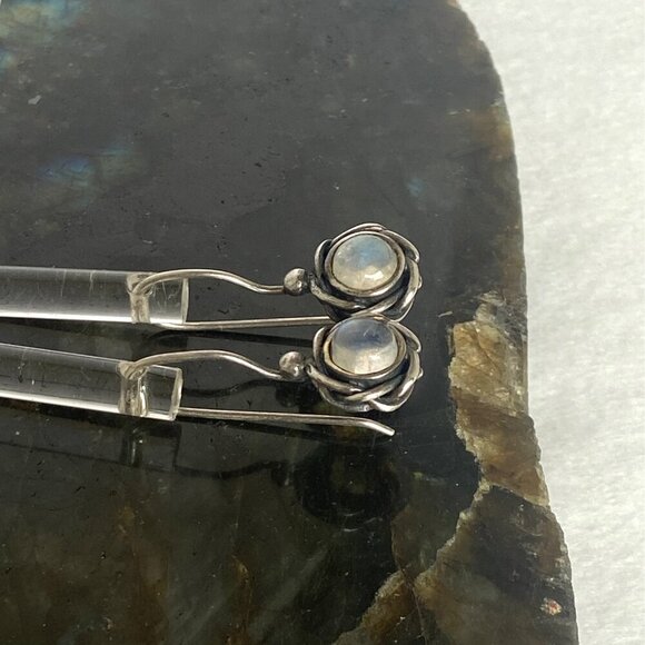 Sterling Silver 925 Round Floral Moonstone Drop Dangle Earrings - Picture 11 of 16